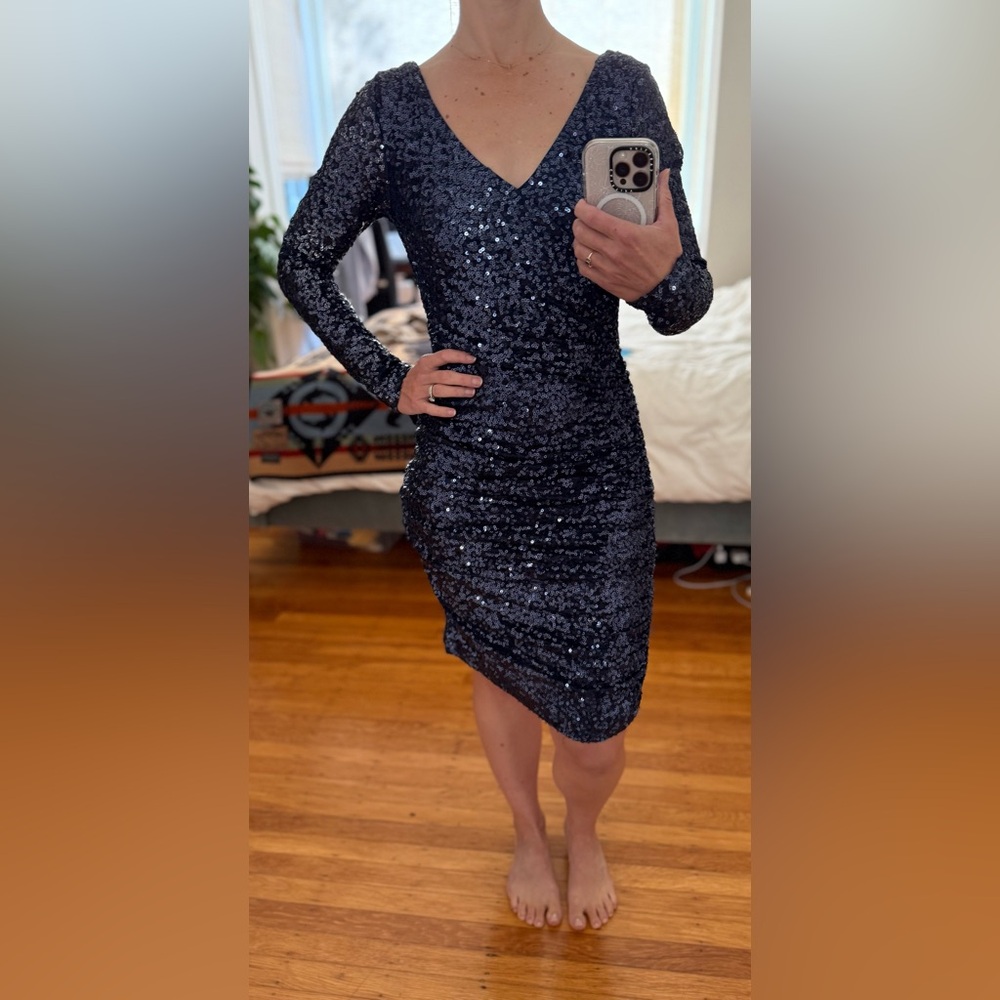 Navy Sequin Long Sleeve Party Dress